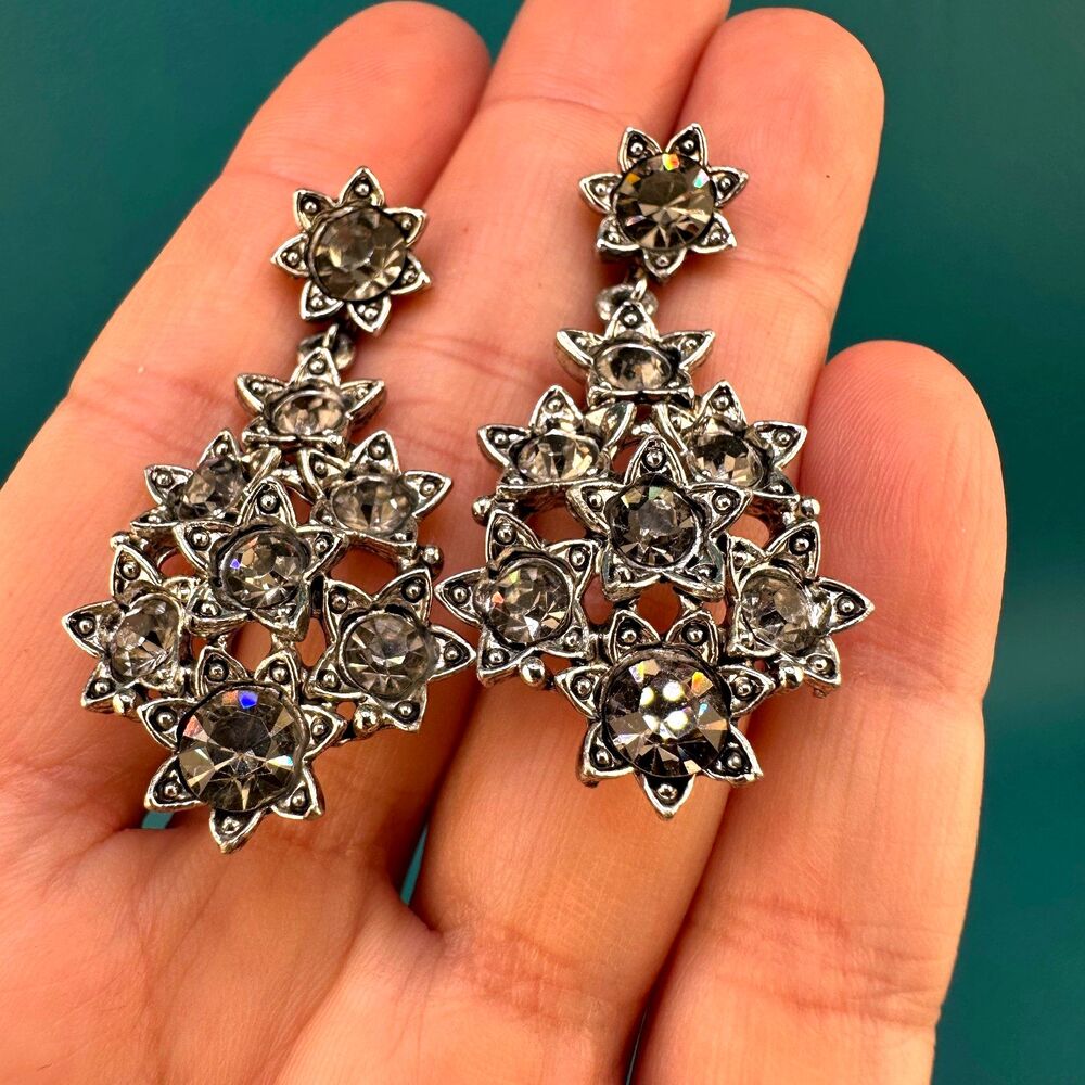 Vintage Rhinestone Dangle Earrings Cluster of Stars Black Diamond Color Crystal